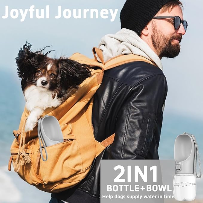Portable Dog Water Bottle with Bowl, Leak Proof, Convenient for Walking, Hiking and Camping (Gray, 19oz)