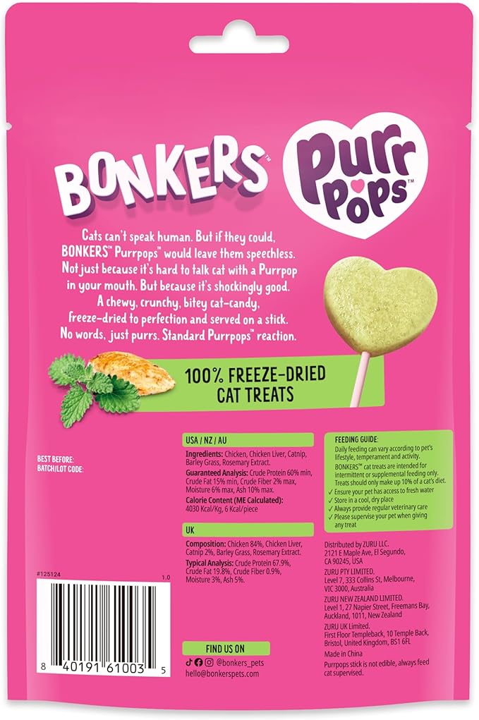 Bonkers Purrpops, Freeze Dried Catnip Flavor Lollipop Cat Treats, Healthy Single Ingredient Treats, Training Treats or Food Topper, for All Breeds and Ages, Value Pack (13 Pack, 52 Pieces)