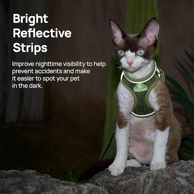 Cat Harness and Leash Set, Step-in Escape Proof Adjustable Vest Harness for Small Medium Large Cats, Lightweight Soft Breathable Reflective Kitten Harness for Walking Travel, Camping(Green, S)
