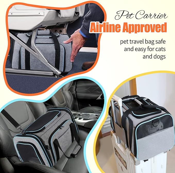 Pet Carrier Airline Approved, Expandable Foldable Soft-Sided Dog Carrier, 3 Open Doors, 2 Reflective Tapes, Pet Travel Bag Safe and Easy for Cats and Dogs