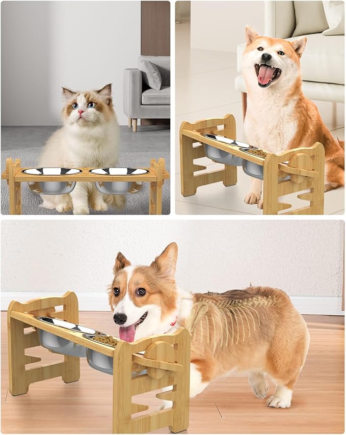 Elevated Dog Bowls, Adjustable Raised Dog Bowl Stand for Small Size Dogs and Cats, 15°Tilted Elevated Cat Bowls, Durable Bamboo Dogs Feeder with 2 Stainless Steel Bowls and Non-Slip Feet