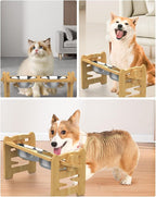 Elevated Dog Bowls, Adjustable Raised Dog Bowl Stand for Small Size Dogs and Cats, 15°Tilted Elevated Cat Bowls, Durable Bamboo Dogs Feeder with 2 Stainless Steel Bowls and Non-Slip Feet