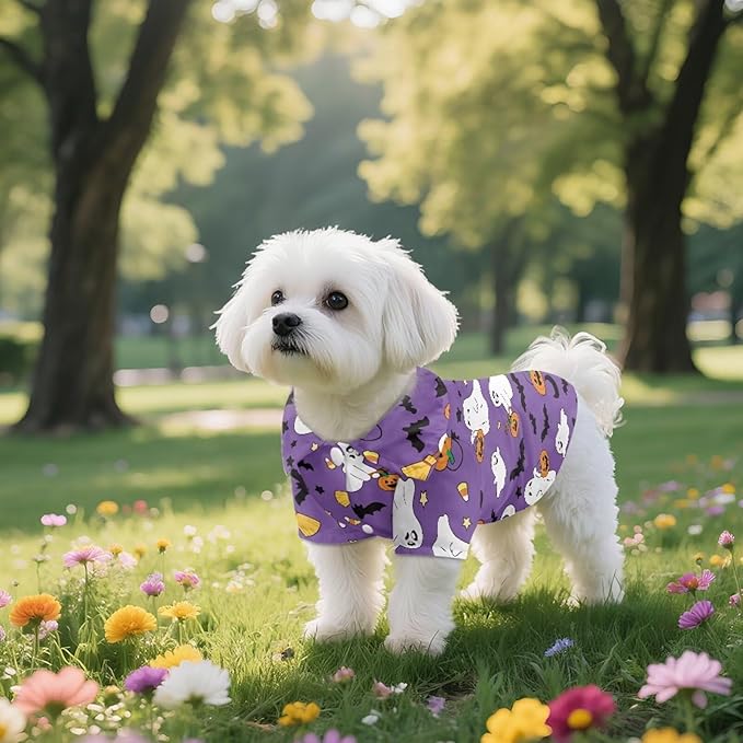 Halloween Ghost Dog Shirts for Small Dogs Girls Boys Cat Collared Polo T-Shirts Breathable Doggy Sweatshirt Summer Button Up Collar Puppy Clothes Casual Wear for Hot Weather