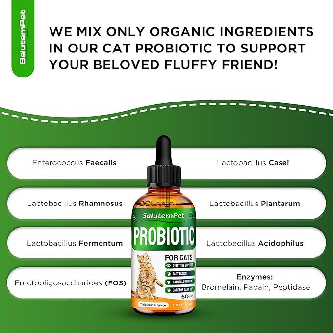 Probiotics for Cats for Digestive Support – Cat Probiotics for Indoor Cats Help with Colic, Upset Stomachs, Diarrhea, Gas, and Bloating – Prebiotics + Pleasant Chicken Flavor Inside – 2 Oz