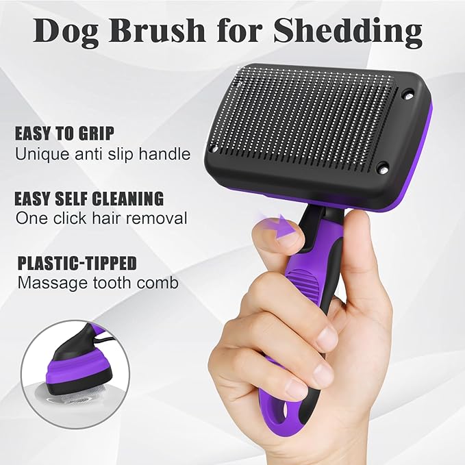 3PCS Dog Grooming Kit - Deshedding Dog Brush, Self Cleaning Slicker Brush, Bath Brush and Comb, Suitable for Hair Removal and Bathing of Dogs & Cats (Purple Black)