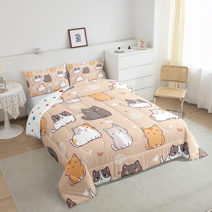 Erosebridal Cute Kitten Comforter Set Kawaii Cat Bedding Set King, Lovely Pet Bedding Sets & Collections Red Love Print Down Comforter, Animal Themed Bed Set Kids Room Decor 3pcs with 2 Pillowcases