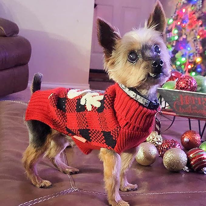 KYEESE Dog Christmas Sweater Reindeer Small Dogs Christmas Sweater Red Buffalo Check with Leash Hole Pet Sweater Dog Christmas Outfit Puppy Sweater,S
