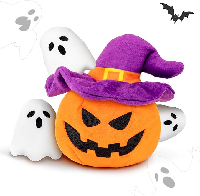 Halloween Dog Toys - Pumpkin & Ghosts Squeaky Plush, Hide & Seek for Small to Large Dogs