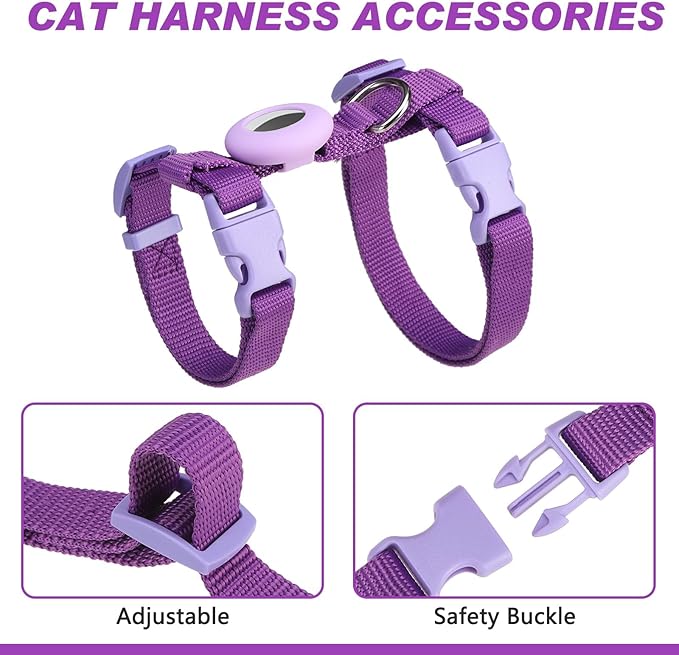 Cat Harness and Leash Set with Airtag Holder for Walking & Travelling, Escape Proof Cat Harness for Small Medium Large Kitten, Adjustable Lightweight Soft Cat Vests (Purple)