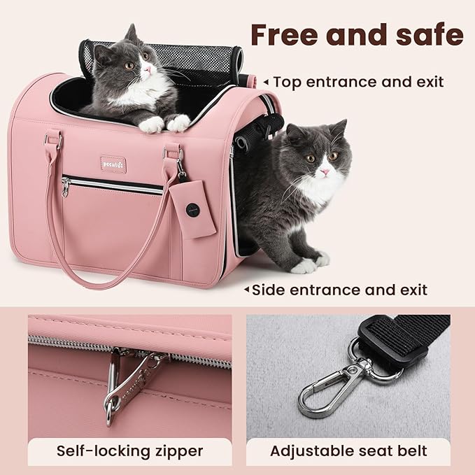 Pecute Stylish Cat Carrier Up to 13lbs, Soft Sided Small Dog Travel Carriers, Collapsible Pet Carrier for Small Cats and Dogs with Locking Safety Zippers, Puppy Carrier Airline Approved -Pink