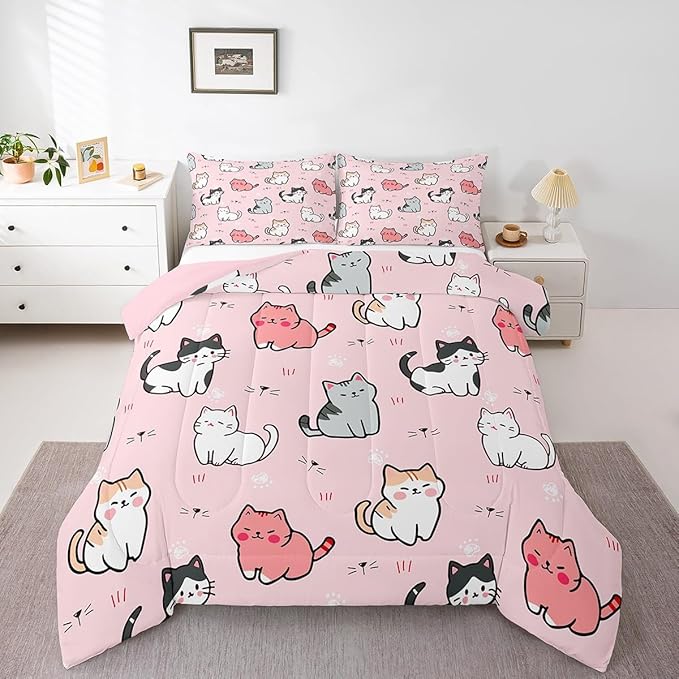 Erosebridal Kawaii Cat Bedding Queen for Girls Rainbow Kitten Comforter Set Cute Pet Bedding Comforter Sets Kids Cartoon Animal Duvet Insert Pastel Pink Quilted Duvet with 2 Pillow Shams Lightweight
