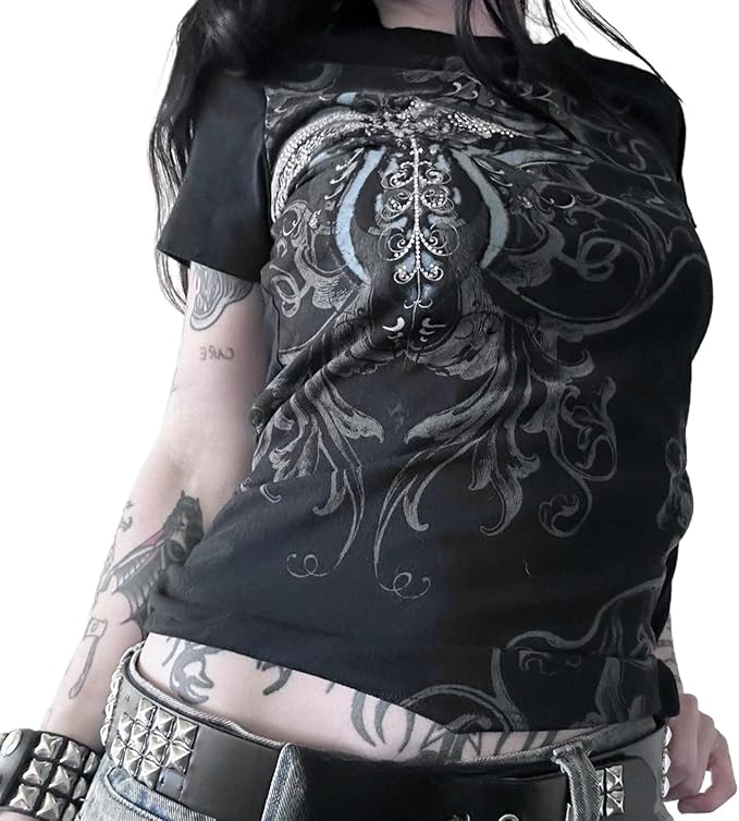 Women Y2K Graphic T-Shirts Summer Short Sleeve Punk Gothic Tee Tops Vintage 90s Aesthetic Emo Clothes Streetwear