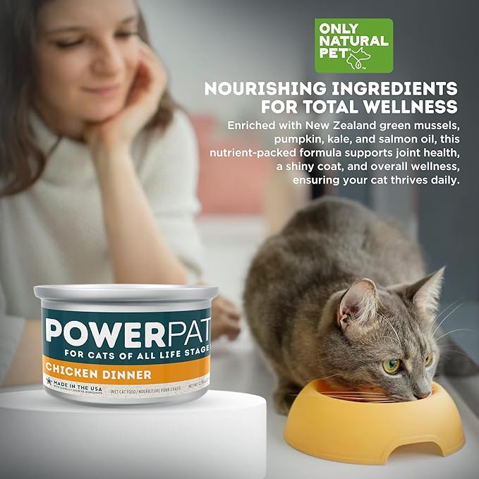 Only Natural Pet PowerPate Grain-Free Chicken Dinner Wet Cat Food - Holistic, High Protein w/Chicken & Broth - Balanced Nutrition for Kitten & Cats of All Life Stages, 2.75 oz Cans, Case of 12 (C)