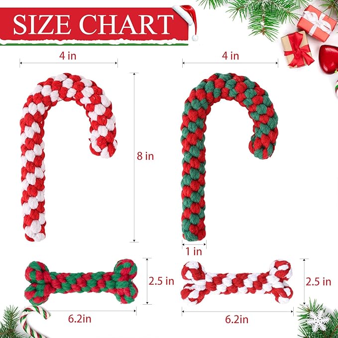 SCENEREAL Christmas Dog Toys, Durable Crutch Bone Rope Toys 4 Pack, Bite Resistant Chew Toy for Teething Cleaning, Xmas Element Rope Toy for Puppy Small Medium Large Dogs
