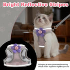 Escape Proof Cat Harness and Leash Set, Adorable Purple Floral Cats Vest Harness for Kittens Breathable Adjustable Step-in Cat Walking Harness with Reflective Strip for Outdoor Walking Travel