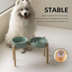 Ceramic Raised Slow Feeder Dog Bowl Set, Elevated 8.2inch Bowl and 9.5inch Puzzle Slow Food Dish with Wooden Stand for Large Dog, Anti-Gulping (2X Light Green+ Stand)