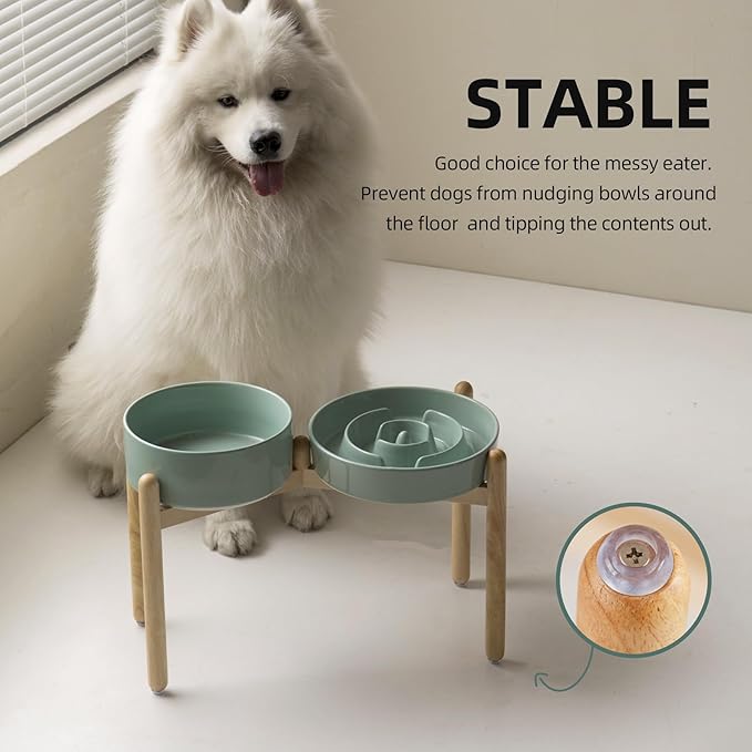 Ceramic Raised Slow Feeder Dog Bowl Set, Elevated 8.2inch Bowl and 9.5inch Puzzle Slow Food Dish with Wooden Stand for Large Dog, Anti-Gulping (2X Light Green+ Stand)