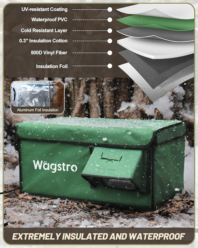 Heated Cat House for Outside, Waterproof Awning & Escape Door Heated Cat Houses for Indoor/Outdoor Cats in Winter, Elevated & Insulated Outdoor Cat Shelter for Feral Cat(Green, 25.2"x16.5"x13")