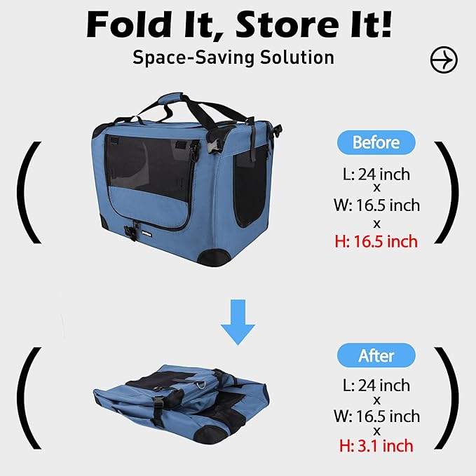 Large Cat Carrier 24"x16.5"x16.5" Portable Dog Crate for Small Medium Dogs Collapsible Traveling Pet Crate with Collapsible Bowl