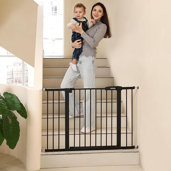 29"-57" Baby and Pet Safety Gate, 30" Tall Metal Walk-Thru Gate for Doorways & Stairs, Easy One-Hand Open, Dual Lock, Extensions & Wall Mounts Included (Brown, 29"-46" W x 30.5“H)