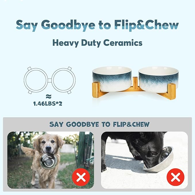 YOBRO Elegant Dog Bowls Set for Medium Dogs, Beautiful Ceramic Stone Alike Style, Pet Bowl Set with Wooden Stand, Non-Slip, Modern Food or Water Breeds Dishs, Gifts for Dog Owners, Blue