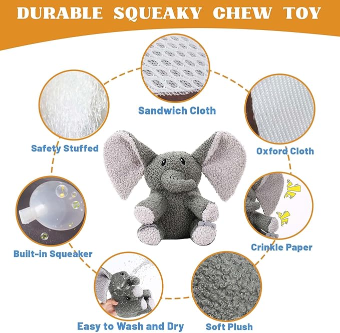 3-Layered Stuffed Dog Toys for Medium Large Dogs, Large Plush Squeaky Dog Toys to Keep Them Busy for Small Medium Large Breed, Cute Animals Puppy Teething Chew Toys - Elephant L