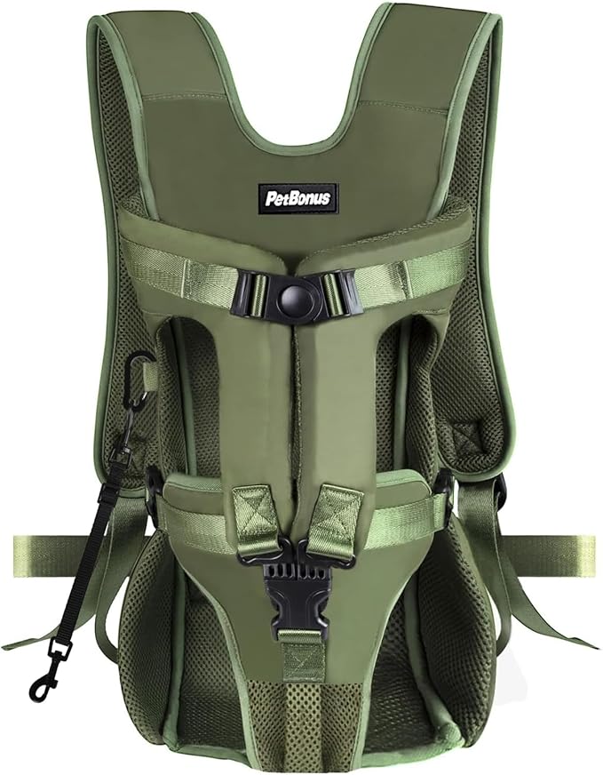 PetBonus Pet Front Dog Carrier Backpacks, Adjustable Pet Backpack, Legs Out Easy-fit Puppy Chest Carrier for Medium Small Dogs, Hands Free for Hiking, Cycling (Army Green, L)