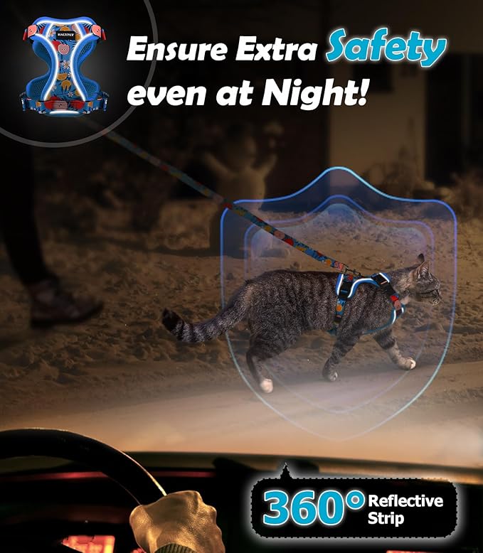 Halypet Cat Harness and Leash Set[MAX Safety 4th-Gen] Cute Escape Proof Vest Harness for Girl&Boy Cat Walking, Comfortable Adjustable Leash and Reflective Strips for Outdoor Kitten, XS Azure Floral