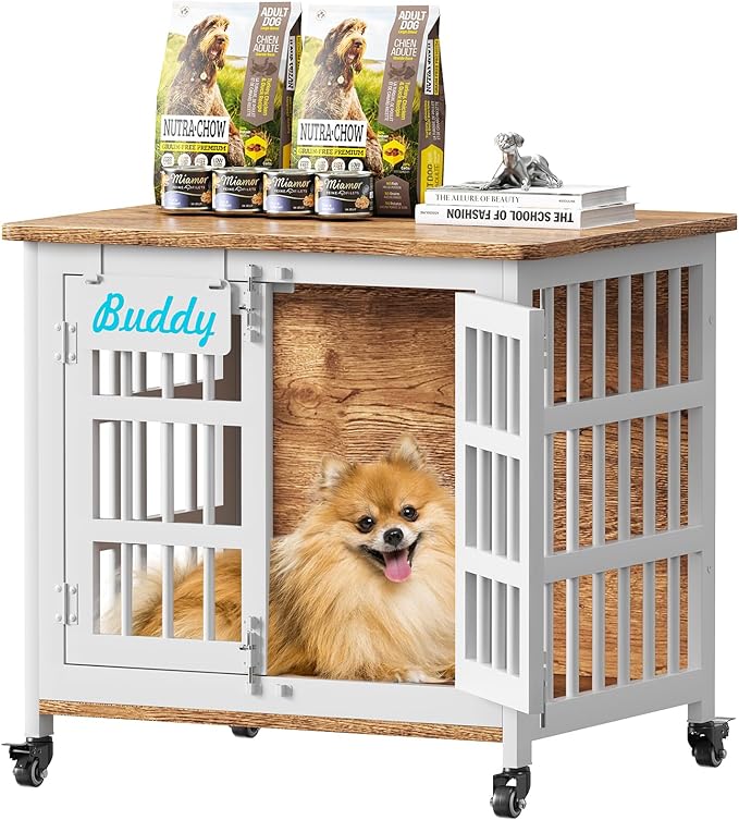 EasyCom 27"/33" Heavy Duty Dog Crate Furniture with Name Tag, Dog Kennel Indoor for Small Dogs, Double-Doors Sturdy Metal Dog Cage for Anxiety Dog, Decorate House as TV Stand, End Table, Bedside Table