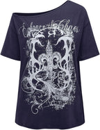 SOLY HUX Women's Off The Shoulder Tops Graphic Tees Y2k Vintage Gothic Oversized T Shirts Streetwear