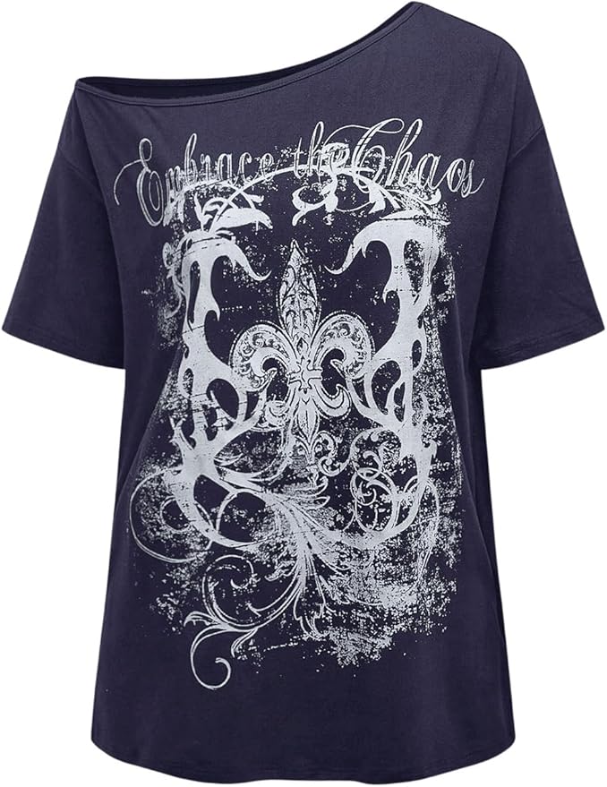 SOLY HUX Women's Off The Shoulder Tops Graphic Tees Y2k Vintage Gothic Oversized T Shirts Streetwear