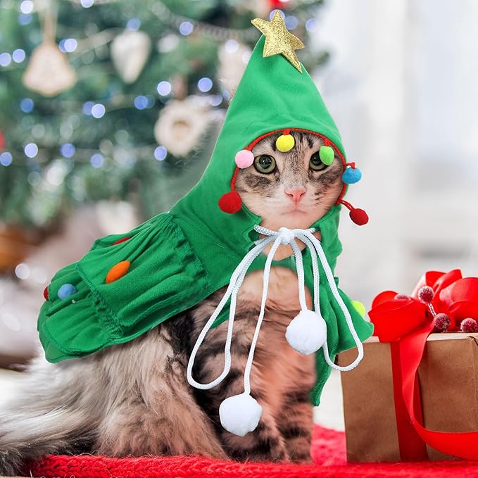 2 Pcs Pet Christmas Costume, Dogs Cats Cape with Hat Santa Claus Cloak and Xmas Tree Cloak with Star and Pompoms, for Dogs Cats Pet Puppy Santa Gifts Christmas Outfit(Medium)