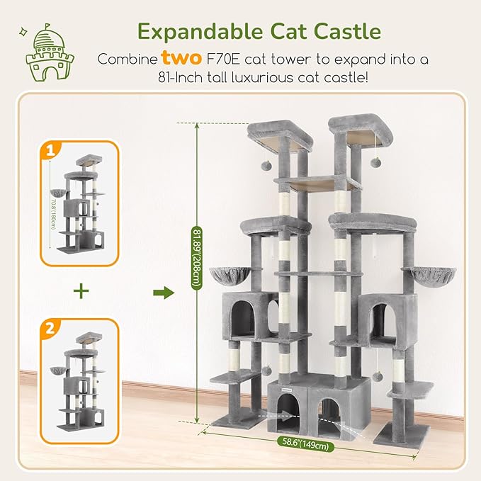Globlazer Expandable Cat Tree Tower, 70in Tall Sturdy Cat Tree for Indoor Cats Large Adult with 2 Spacious Cat Condos, 2 Enlarged Perches, 5 Scratching Posts, Use Alone or Combine, F70E, Light Grey