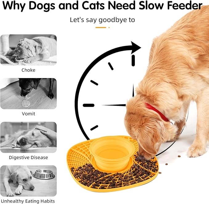 Lick Mat for Small Dogs and Cats with Suction Cups, Silicone Slow Feeder Lick Pad with Collapsible Bowl for Anxiety Relief, Pet Puzzle Treat Mat for Bathing Grooming Trimming (Yellow)
