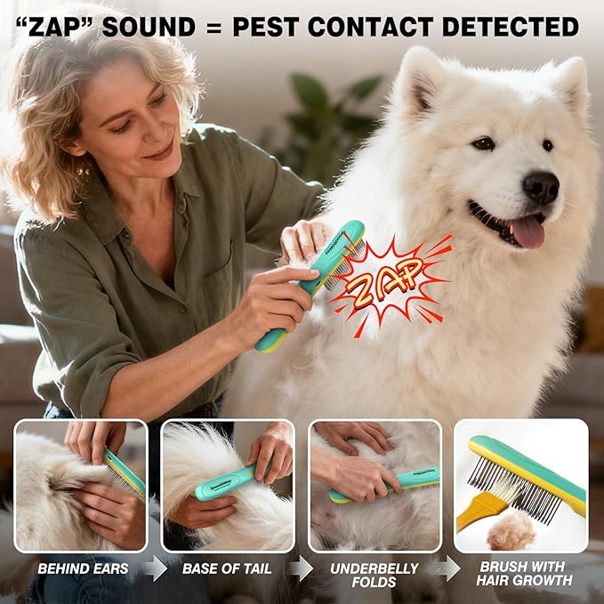 Professional Dual-Mode Flea Comb for Poodles – Micro-Current Assist, Audible Alert, Negative Ion Detangler & Dematting Grooming Tool, USB-C Rechargeable for Long-Haired Pets