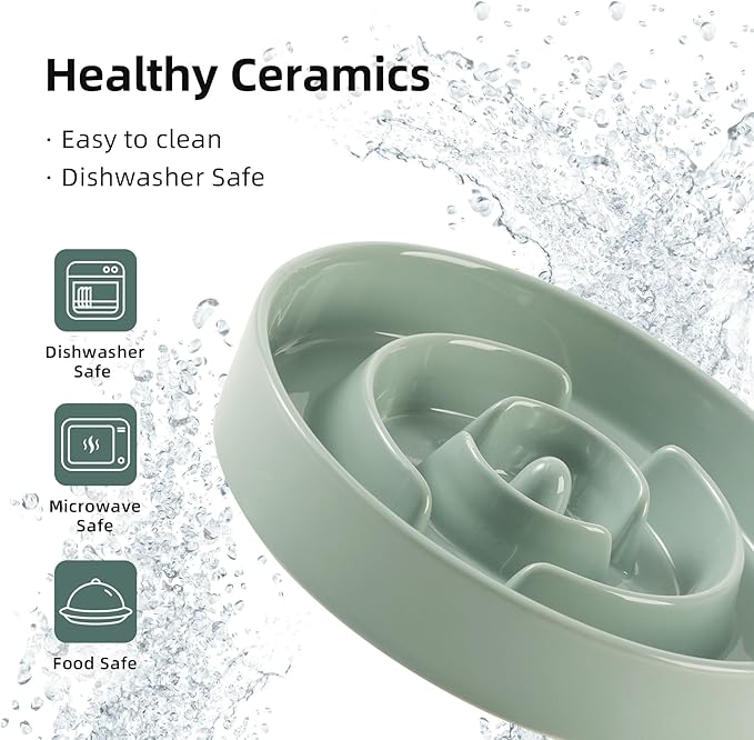 Ceramic Raised Slow Feeder Dog Bowl Set, Elevated 6.1inch Bowl and 7.3inch Puzzle Slow Food Dish with Wooden Stand for Small and Medium Dog, Anti-Gulping (2X Light Green+ Stand)