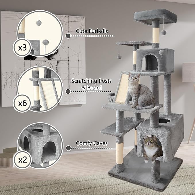 70" Cat Tree Tower for Indoor Cats, Multi-Level Cat Tower Condo with Sisal Scratching Post (Light Gray)
