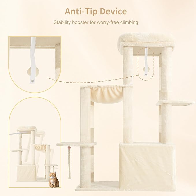 Heybly Heavy Duty Cat Tree, Tower for Indoor Cats Large Adult, Tall Cat Condo House with Extra-Large Baseboard, Multi-Level Plush Furniture with Scratching Posts, Hammock, Toy Ball, Beige HCT026M