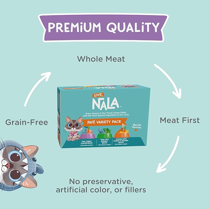LOVE, NALA - Natural Adult Cat Wet Food - Pate Variety Pack - Tuna, Chicken, Mackerel - Grain Free, Non-GMO, Fiber Blend, Minerals, Vitamins - 12 Pack 2.1 lbs.