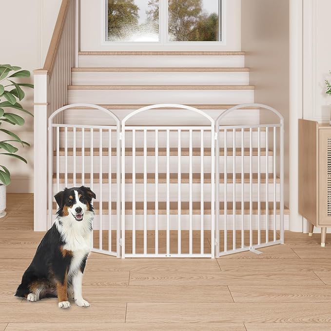 3 Panles Full Matel Freestanding Dog Gates with Door, 72"Extra Wide 36"Tall Free Standing Dog Pet Gate for Indoor & Outdoor. Foldable Pet Fences for Doorways, House, Stairs, Porch, Deck, Yard