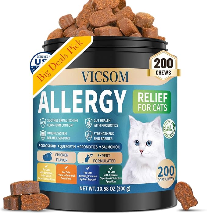 200 Natural Cat Allergy Relief Chews, Cat Itchy Skin Allergy Relief & Immune Support Chews for Seasonal Allergies Cats, Itch Relief for Cats Paws, Eyes, Ears, Stop Licking & Scratching, Chicken Flavor