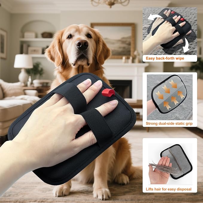 Pet Hair Removal Glove, 2 Pcs Upgraded Electrostatic Pet Hair Remover Gloves for Furniture Couch Carpet Curtain Car Seat, Reusable Dog Cat Grooming & Shedding Tool with FREE Steel Comb & Toothbrush