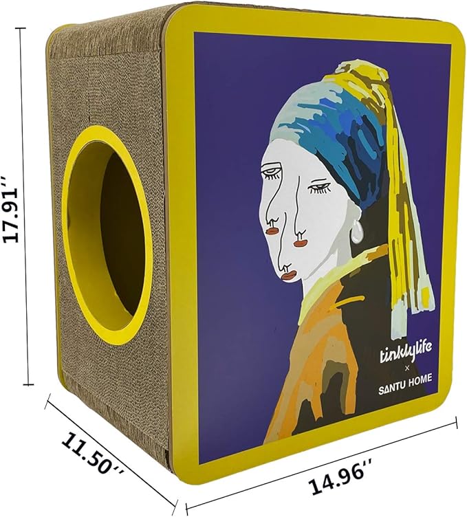 FluffyDream Cat Scratcher Cardboard, Girl with a Pearl Earring Shape Adaptation Spoof Version Cat Scratching House Bed Furniture Protector, Pink