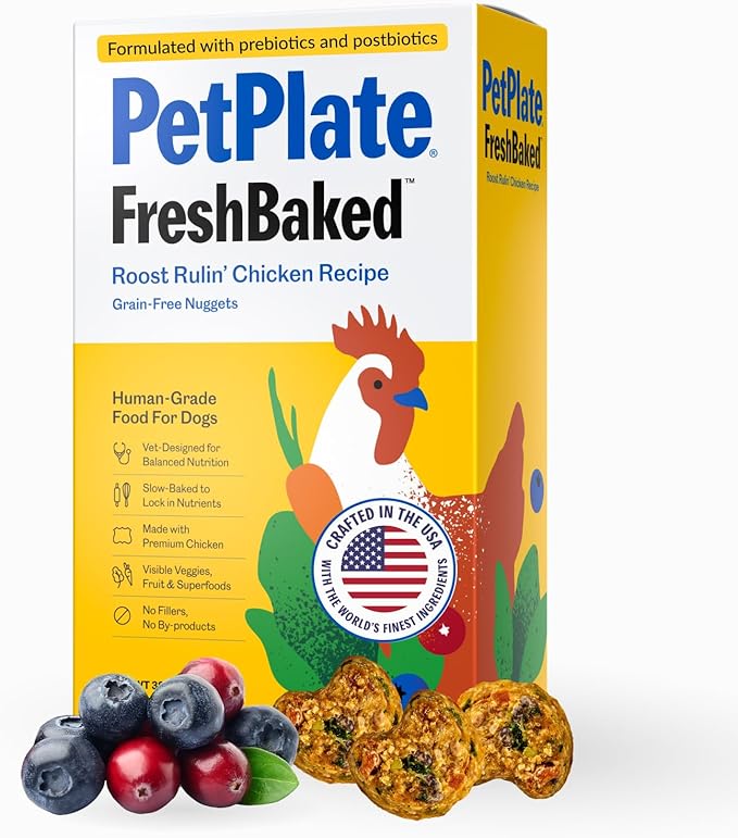 PetPlate Roost Rulin' Chicken FreshBaked Dry Dog Food, Gently Baked and Air-Dried Human Grade Dog Food, Formulated with Prebiotics and Postbiotics, Grain Free, No Fillers or by-Products 2lbs