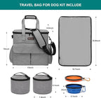 Modoker Dog Travel Bag, Weekend Pet Travel Set for Dog and Cat, Airline Approved Tote Organizer with Multi-Function Pockets, 2 Food Storage Containers, 2 Collapsible Bowls, 1 Feeding Mat (Grey)