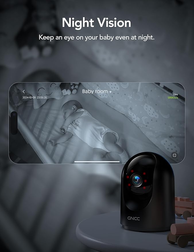 GNCC Indoor Security Camera, 2K Cameras for Home Security with Motion Detection, Baby/Pet Camera with Phone App, Night Vision, 2-Way Audio, TF/Cloud Storage, Works with Alexa & Google Home, 2.4G WiFi