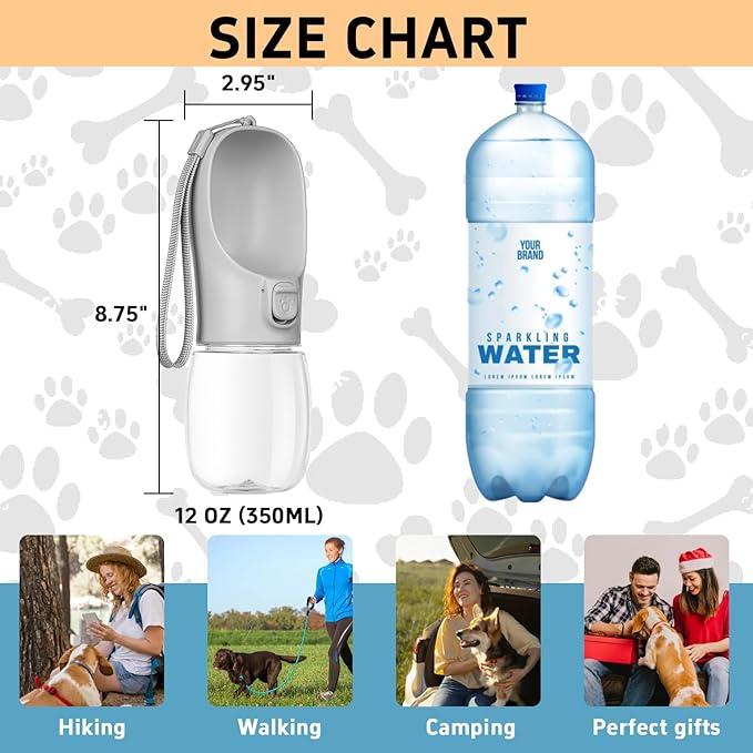 Portable Travel Dog Water Bottle with Bowl, Leak Proof, Convenient for Walking, Hiking and Camping (Gray, 12oz)