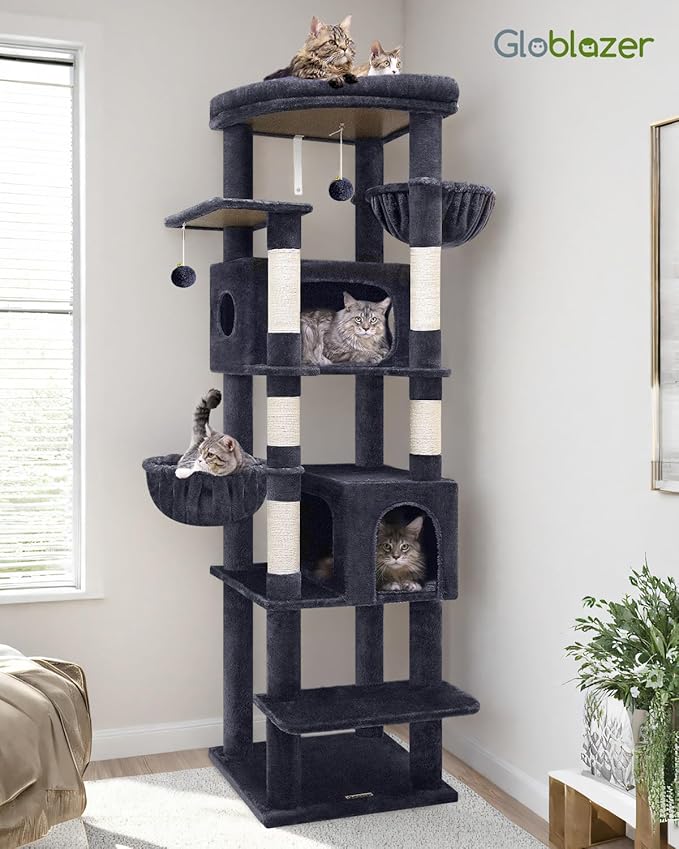 Globlazer Heavy Duty Cat Tree, 74in Sturdy Cat Tower for Large Cats Adult, Big Cat Tree with 5 Sisal Scratching Posts, 2 Padded Condos, 2 Dual-Ear Hanging Baskets, Enlarged Top Perch, S74, Dark Grey