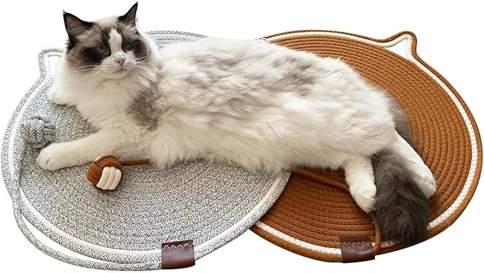 Cat Scratching Mat Natural Cotton Rope Cat Scratching Pad, Large Size Scratcher Mat with Toy (2 Packs 19.6'') (Grey + Brown)
