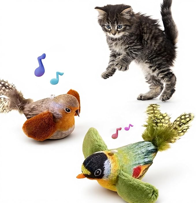 2-pack catnip cat toys that stimulate indoor cats' natural hunting instincts,Interactive plush bird toy with realistic chirping sounds to tease your cat (Brown artificial bird + green artificial bird)